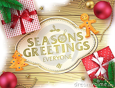 Christmas Seasons Greetings Decorative Greeting Poster in Brown Wooden Background Vector Illustration