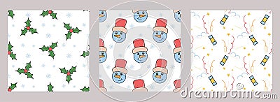 Christmas set backgrounds with snowman, holly and crackers Vector Illustration