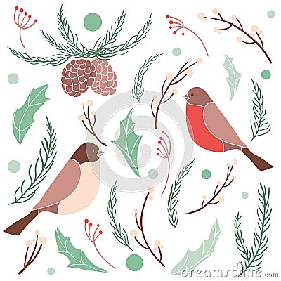 Christmas set with branches, leaves and berries Vector Illustration