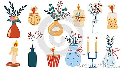 Christmas candles and vases with flowers. Christmas Home Decor set. Christmas toys. Vector Illustration