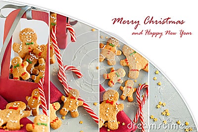 Christmas set collage with gingerbread cookies, candy and yellow star close-up on light blue background with copy space Stock Photo