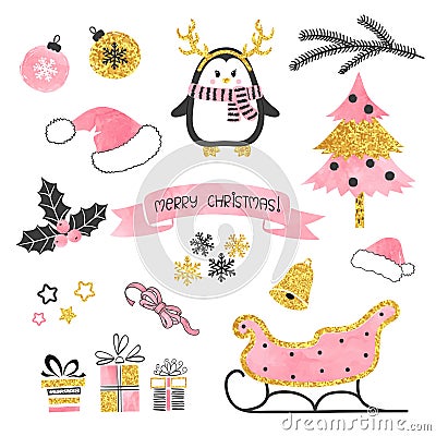 Christmas set. Collection of xmas elements for greeting card design in pink, black and golden colors. Vector Illustration