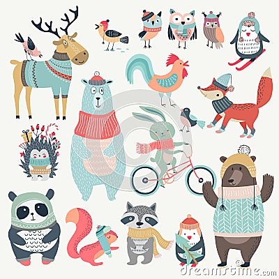 Christmas set with cute animals, hand drawn style. Vector Illustration