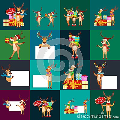 Christmas set of deer with banner , happy winter xmas holiday animal greeting card, santa helper reindeer vector Vector Illustration