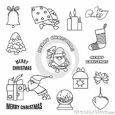 Christmas set with doodle hand drawn elements. Santa Claus,gifts and typographic. Cartoon Illustration