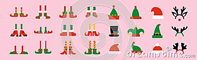 Christmas set of elf legs and elf hats. Isolated illustrations of cartoon shoes and boots for elves feet. Santa Claus Vector Illustration