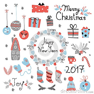 Christmas set graphic elements with wreath, cake, gingerbread house, mittens, toys, gifts and socks. Vector Illustration