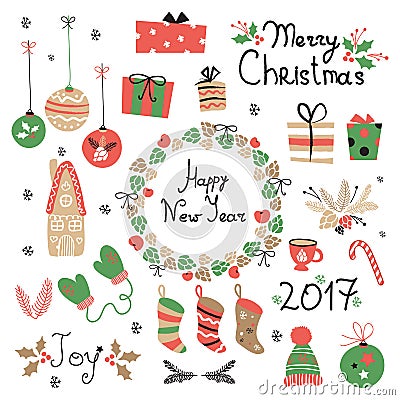 Christmas set graphic elements with wreath, cake, gingerbread house, mittens, toys, gifts and socks. Vector Illustration