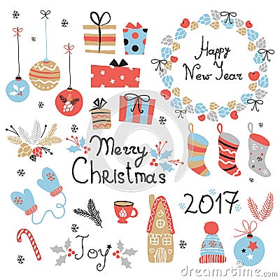 Christmas set graphic elements with wreath, cake, gingerbread house, mittens, toys, gifts and socks. Vector Illustration