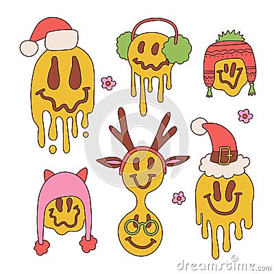 Christmas set with groovy emojis in different holiday hats. Hippie smile with Santa hat in 70s retro style. Melting Vector Illustration