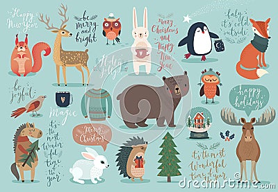 Christmas set, hand drawn style - calligraphy, animals and other Vector Illustration