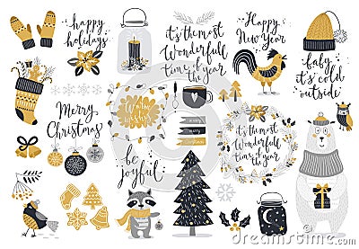 Christmas set, hand drawn style - calligraphy, animals and other elements. Vector Illustration