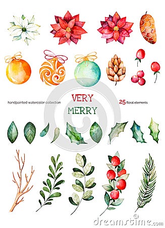 Christmas set with 25 handpainted clipart Stock Photo