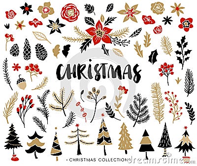 Christmas set of plants with flowers and Christmas trees. Vector Illustration