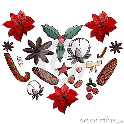 Christmas set poinsettia, cone, cotton. omela, cinnamon, cranberry, nuts, star,candy cane, bow in the hearth shape. Stock Photo