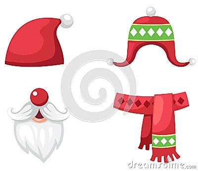 Christmas set red santa claus hat, scarf and hat isolated vector Vector Illustration