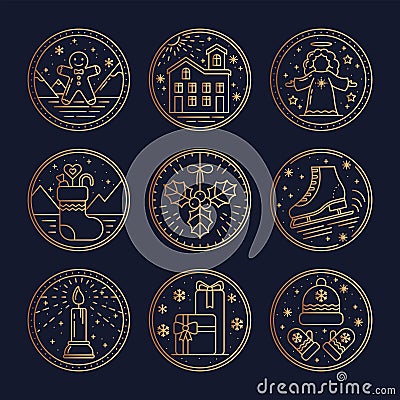 Christmas set of Round Gold Icon with Christmas Element. Gingerbread, Snow House, Angel, Sock with Gifts, Mistletoe Vector Illustration