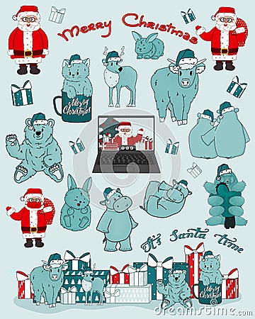 Christmas set of Santa Claus, bear, hippo, cow, kitten, deer, New Year gifts, laptop, video call, mask, tardigrade, rabbit in blue Vector Illustration