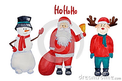 Christmas set with santa, snowman and deer. Watercolor for greeting or post cards, prints on t-shirts, phone cases,book and other Stock Photo