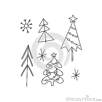 Christmas set of simple Christmas trees made of triangles, sticks and circles Vector Illustration