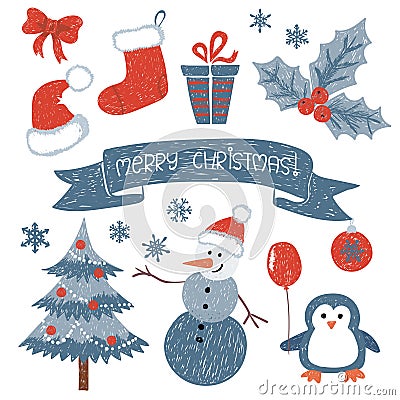 Christmas set. Vector collection of doodle Christmas design elements Vector Illustration