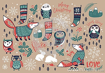 Merry Christmas hand drawn elements in cartoon style. Vector illustration Vector Illustration