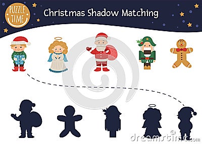 Christmas shadow matching activity for children with characters. Cute funny smiling Santa Claus Vector Illustration