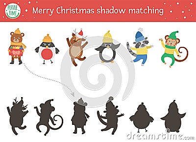 Christmas shadow matching activity for children. Winter puzzle with cute animals in warm clothes. New Year educational game for Vector Illustration