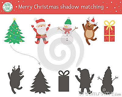 Christmas shadow matching activity for children. Winter puzzle with cute objects. Educational game for kids with fir tree, snowman Vector Illustration