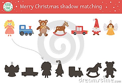 Christmas shadow matching activity for children. Winter puzzle with cute toys. Educational game for kids with doll, teddy bear, Vector Illustration