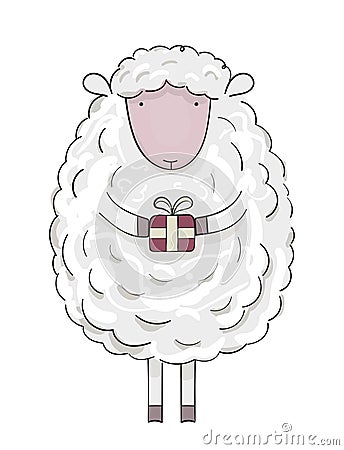 Christmas sheep with present. Vector Illustration