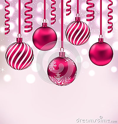 Christmas shimmering background with balls and streamer Vector Illustration