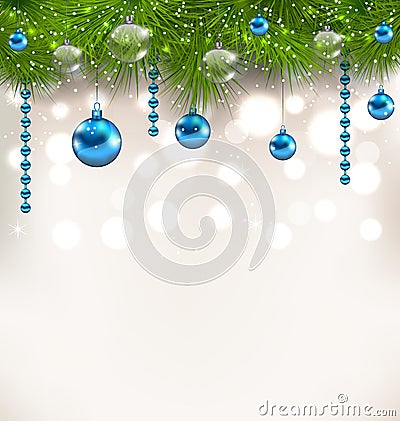 Christmas shimmering background with fir twigs and glass balls Vector Illustration