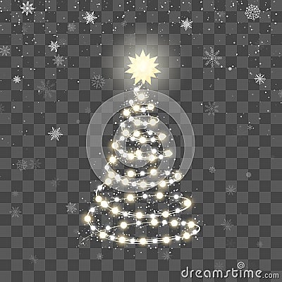 Christmas shiny tree silhouette. New Year Tree made of Christmas lights on abstract background. Vector illustration Vector Illustration