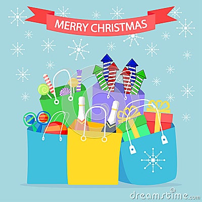 Christmas shopping bags, package with candy, lollipops, toys, fireworks isolated on background. Big sale. Pile of presents, Cartoon Illustration