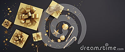 Christmas shopping - Golden Giftboxes on dark Background Cartoon Illustration