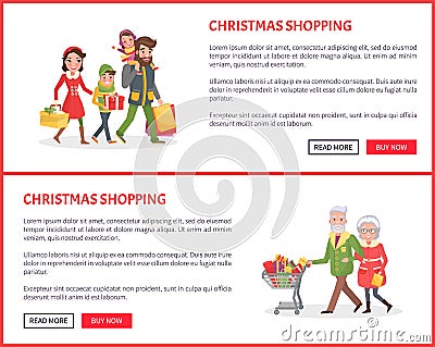 Christmas Shopping Poster, Family and Xmas Gifts Vector Illustration