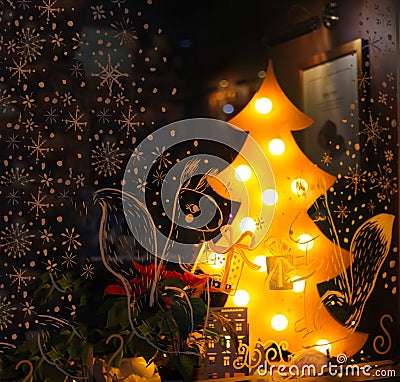 Christmas showcase. Ornament and lamp tree Stock Photo