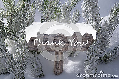 Christmas Sign Snow Fir Tree Branch Text Thank You Stock Photo