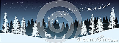 Christmas silhouette. Panorama of Santa Claus riding sleigh with deers. Winters new year landscape. Holidays background Vector Illustration