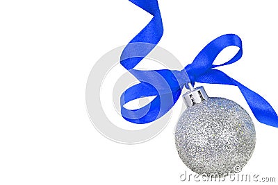 Christmas silver ball with blue ribbon Stock Photo