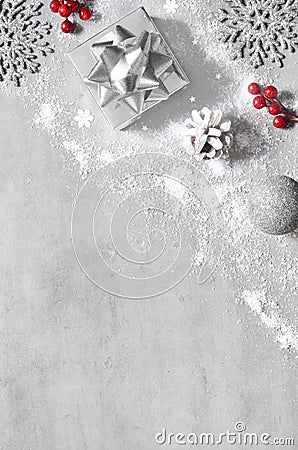 Christmas silver handmade gift box on gray background top view. Merry Christmas greeting card. Winter xmas holiday Stock Photo