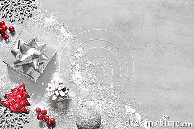 Christmas silver handmade gift boxes on gray background top view. Merry Christmas greeting card. Winter xmas holiday Stock Photo