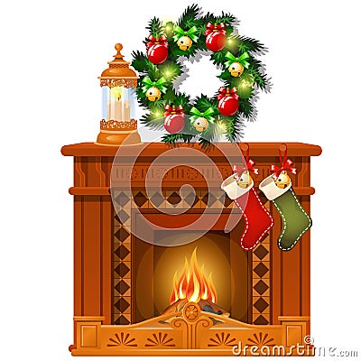Christmas sketch with fireplace and decorations, glass balls and baubles. Sketch for greeting card, festive poster Vector Illustration