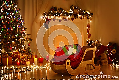 Christmas Sleigh With Bag, Sledge Sack Full Xmas Letters Mails Stock Photo