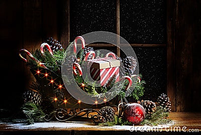 Christmas Sleigh with Candy Canes Stock Photo