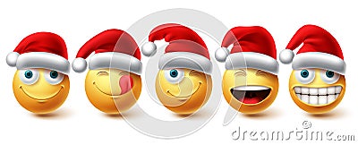 Christmas smiley vector set. Emoji xmas characters wearing santa red hat icon collection Vector Illustration