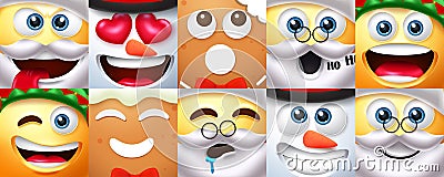 Christmas smileys character square vector set. Christmas smiley xmas characters like santa claus, snow man, gingerbread and elf. Vector Illustration