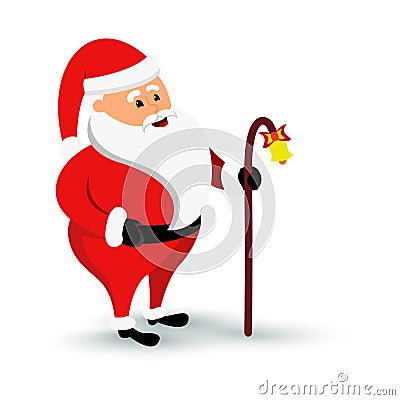 Christmas smiling Santa Claus character is coming. Cartoon bearded man in festive costume Santa Claus with baculus and Vector Illustration