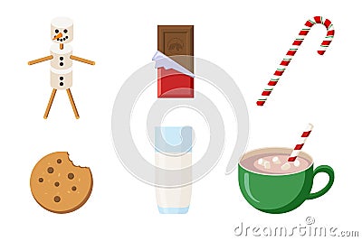 Christmas Snacks Collection. Chocolate, Cookie, Cacao, Marshmallow Snowman, Glass of Milk and cristmas candy. Winter Vector Illustration